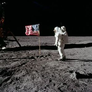 Buzz Aldrin salutes the USA flag on the moon landing.